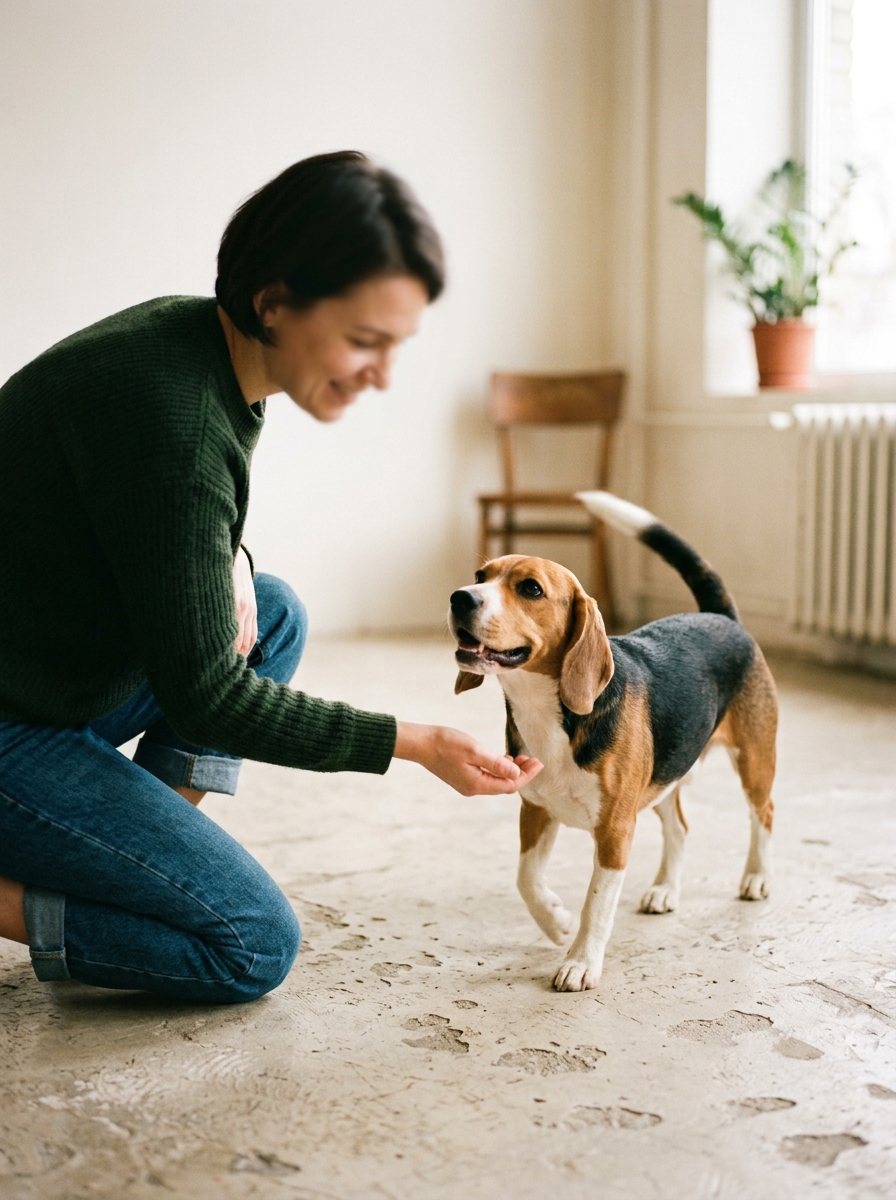 Eine Frau kniet auf dem Boden und begrüßt einen Beagle, der ihr entgegenkommt.