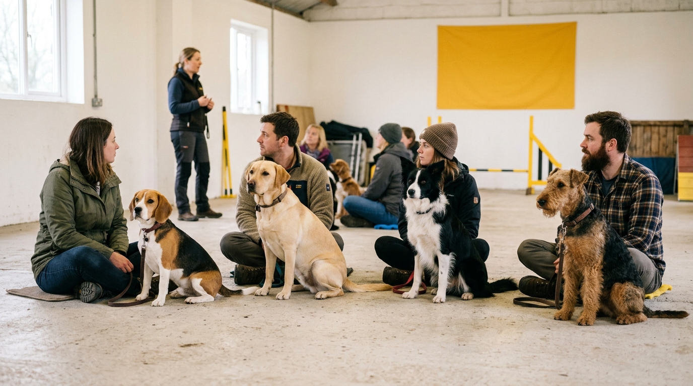 Vier Menschen sitzen mit ihren Hunden — Beagle, Labrador, Border Collie und Airedale Terrier — auf dem Boden einer hellen Halle und hören einer Trainerin zu.
