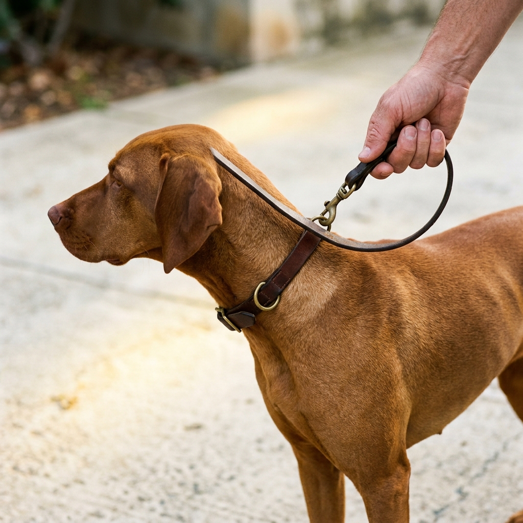 Eine Hand hält die Lederleine eines Magyar Vizsla, der ruhig neben ihr steht.